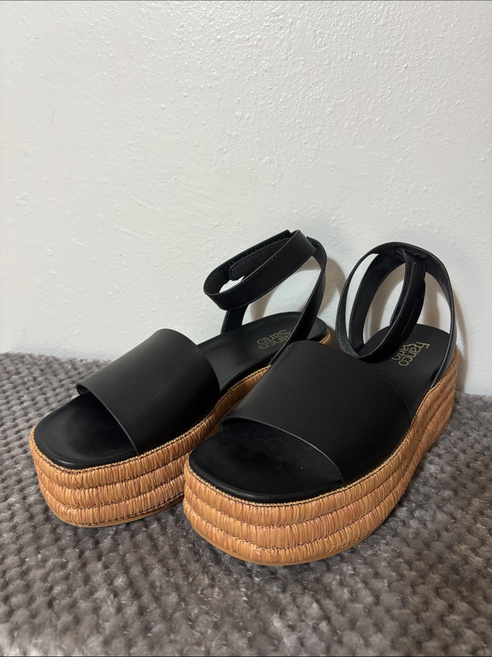 Franco Sarto Black Leather Platform Espadrille Sandals